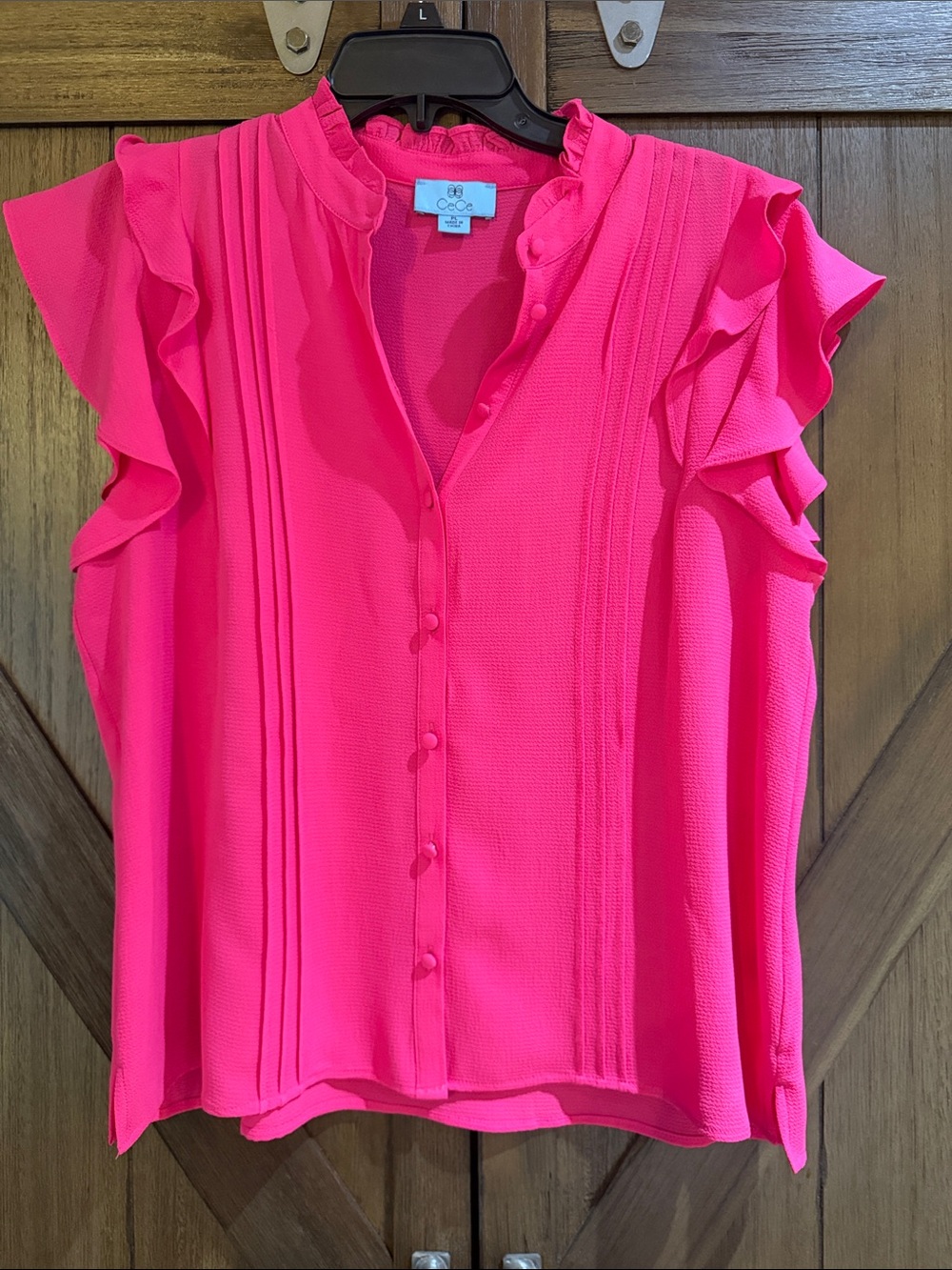 CeCe Hot Pink Ruffle Sleeve Pintuck Blouse